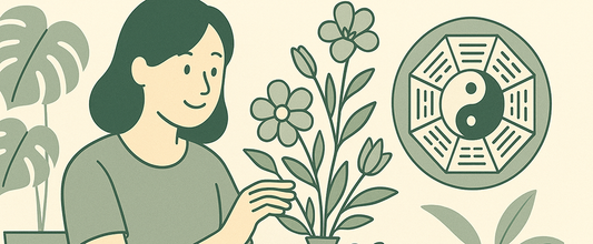 造花で風水的に運気が上がる方法を考えているイラスト