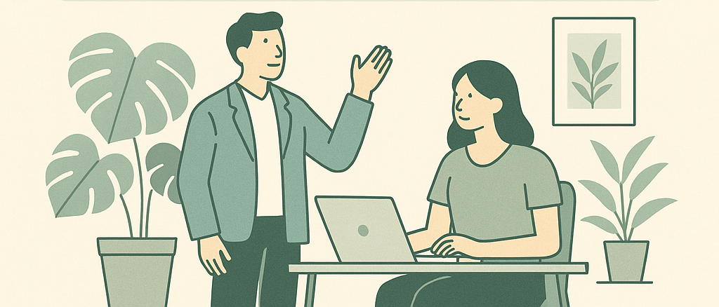 オフィス環境でフェイクグリーン導入を検討する人のイラスト
