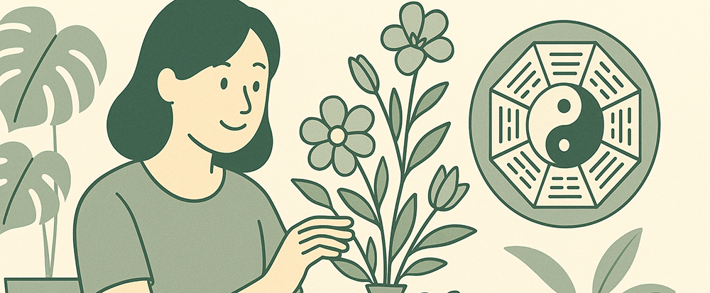 造花で風水的に運気が上がる方法を考えているイラスト