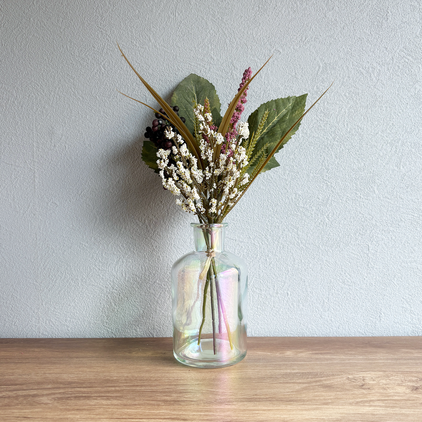 【造花】ベリーリーフボルドー ＆ オーロラガラス  Bouquet & Vaseセット